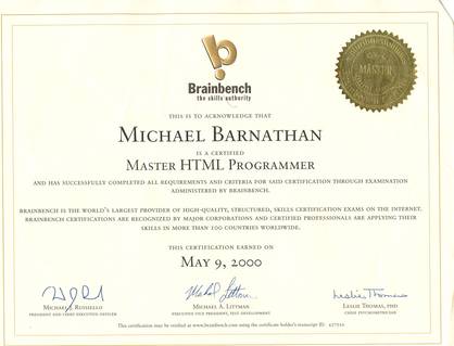 Brainbench Certificates